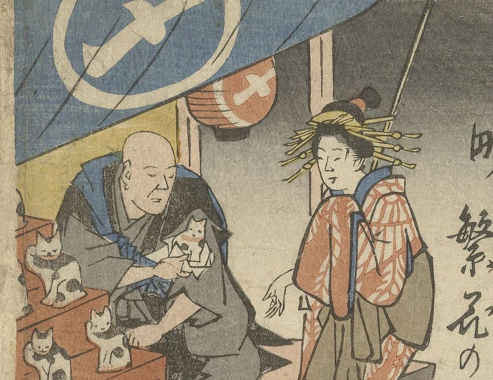 Výrez z drevorezu Utagawu Hirošigeho z roku 1852: predavač sedí pri stánku s hlinenými figúrkami mačiek na stupňovitých policiach a v košoch