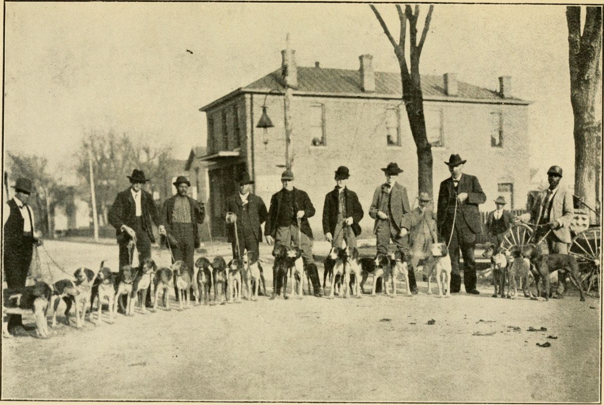 Skupina mužov so svorkou amerických foxhoundov na ulici mestečka, fotografia z roku 1890